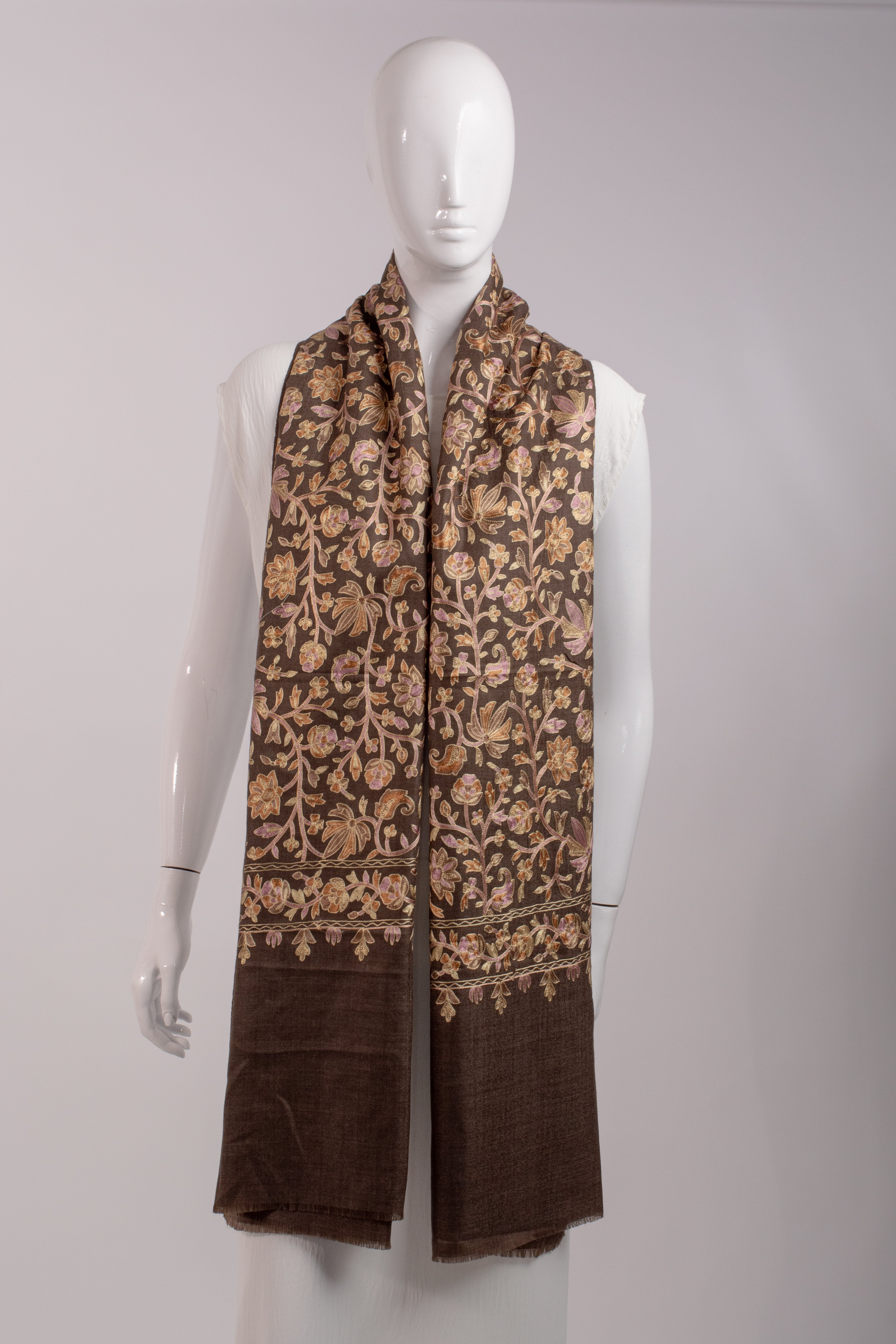 Brown - Rose Gold Floral embroidery Pashmina Wool Scarf