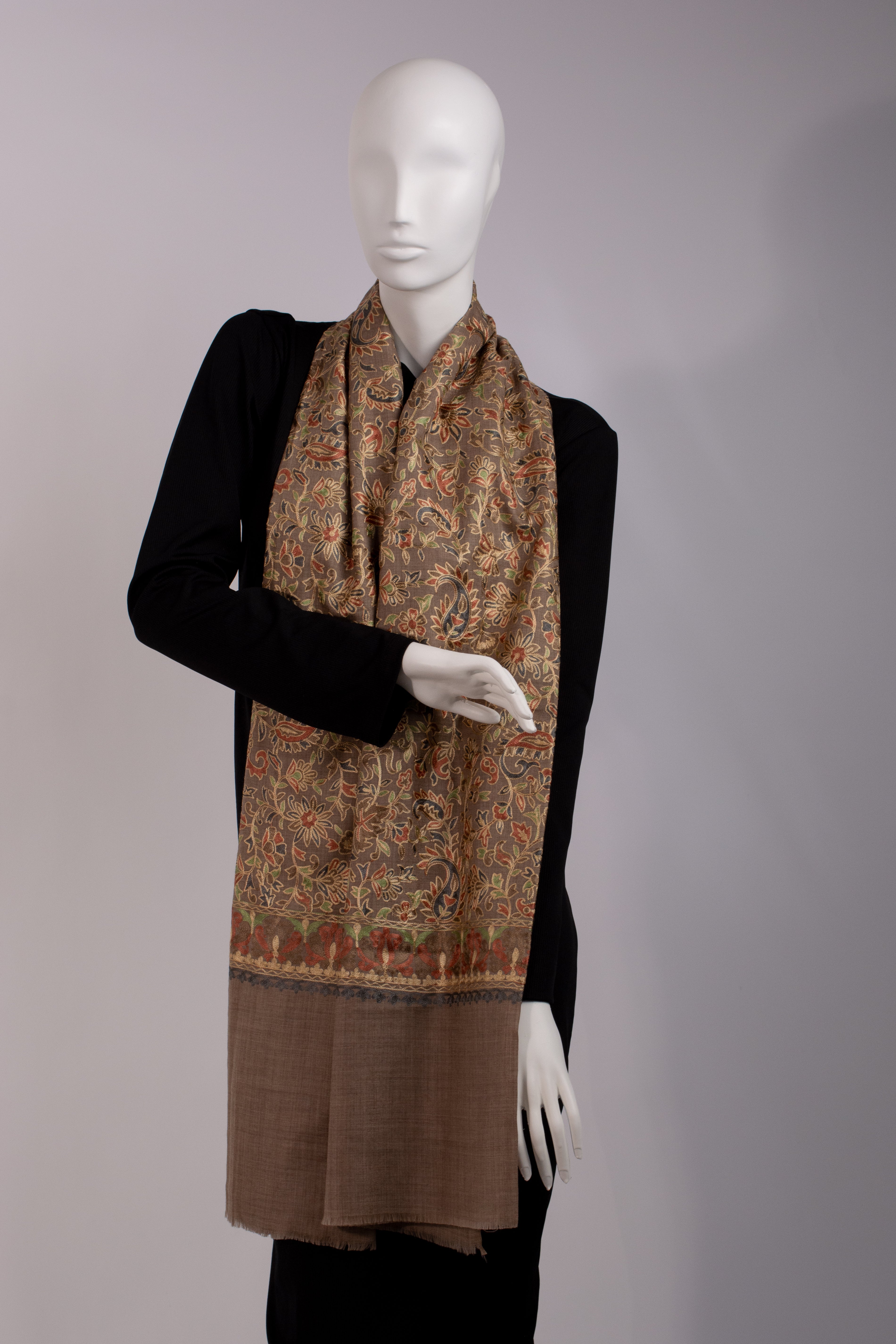 Brown embroidered Pashmina Wool Scarf