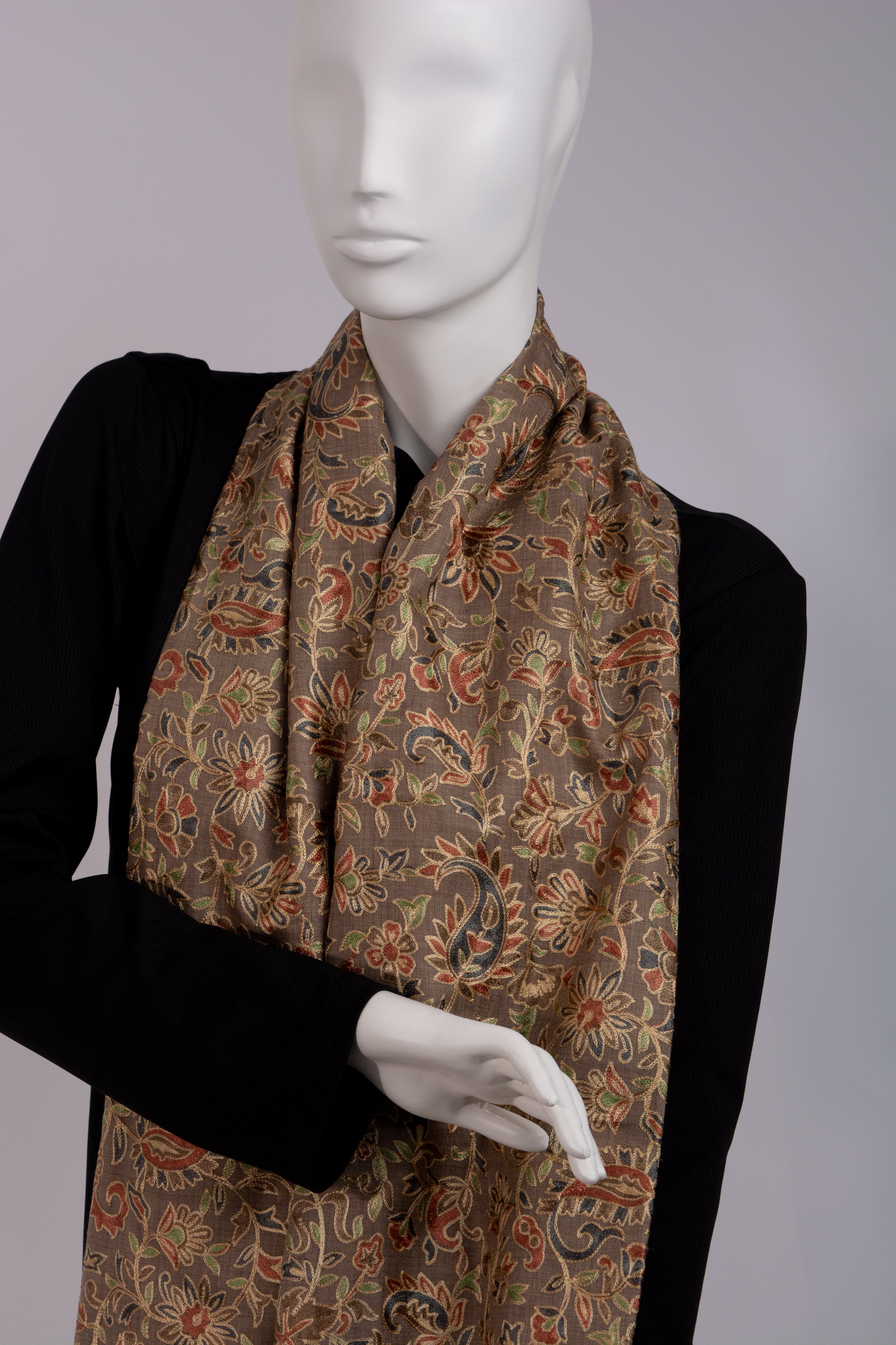 Brown embroidered Pashmina Wool Scarf