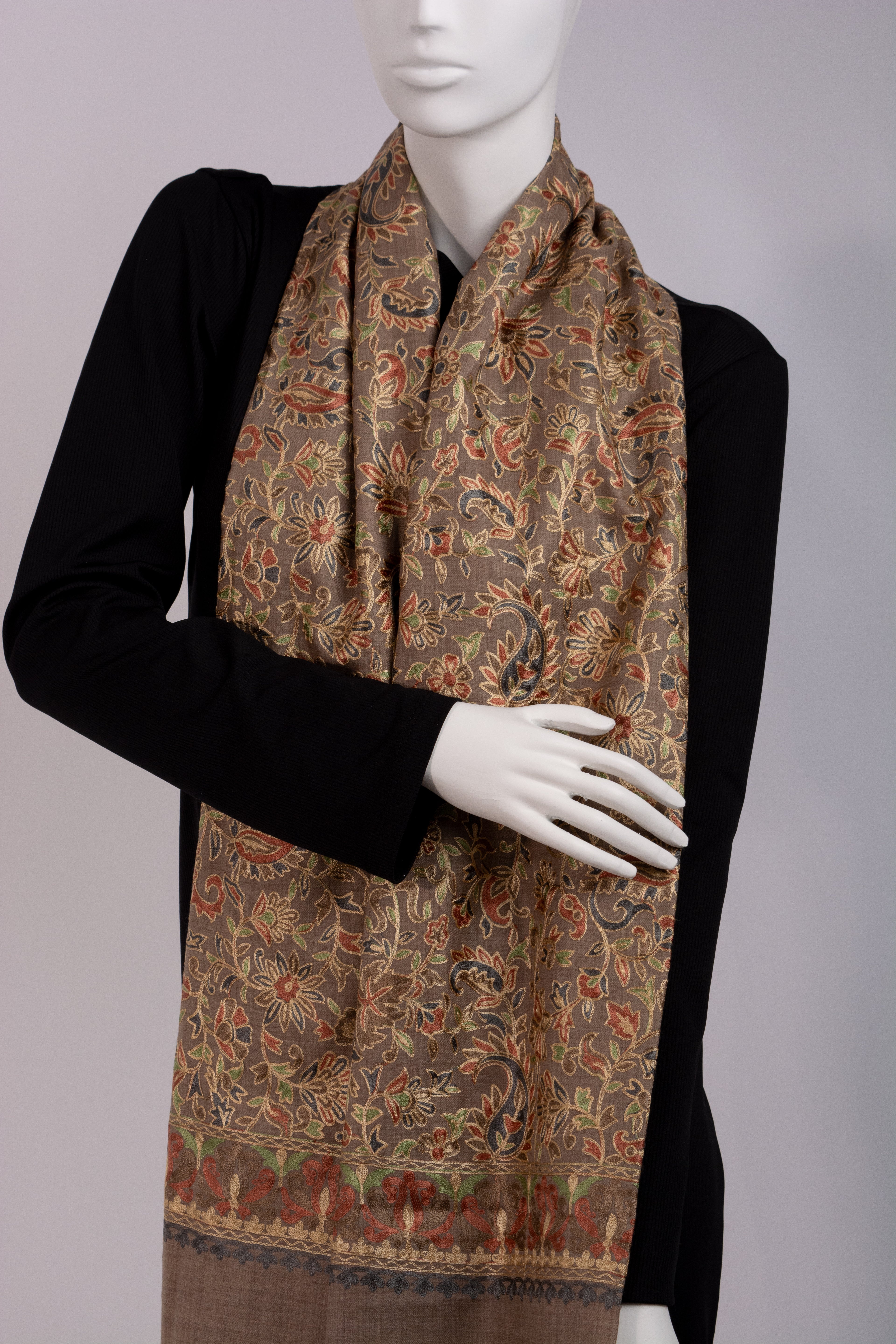 Brown embroidered Pashmina Wool Scarf