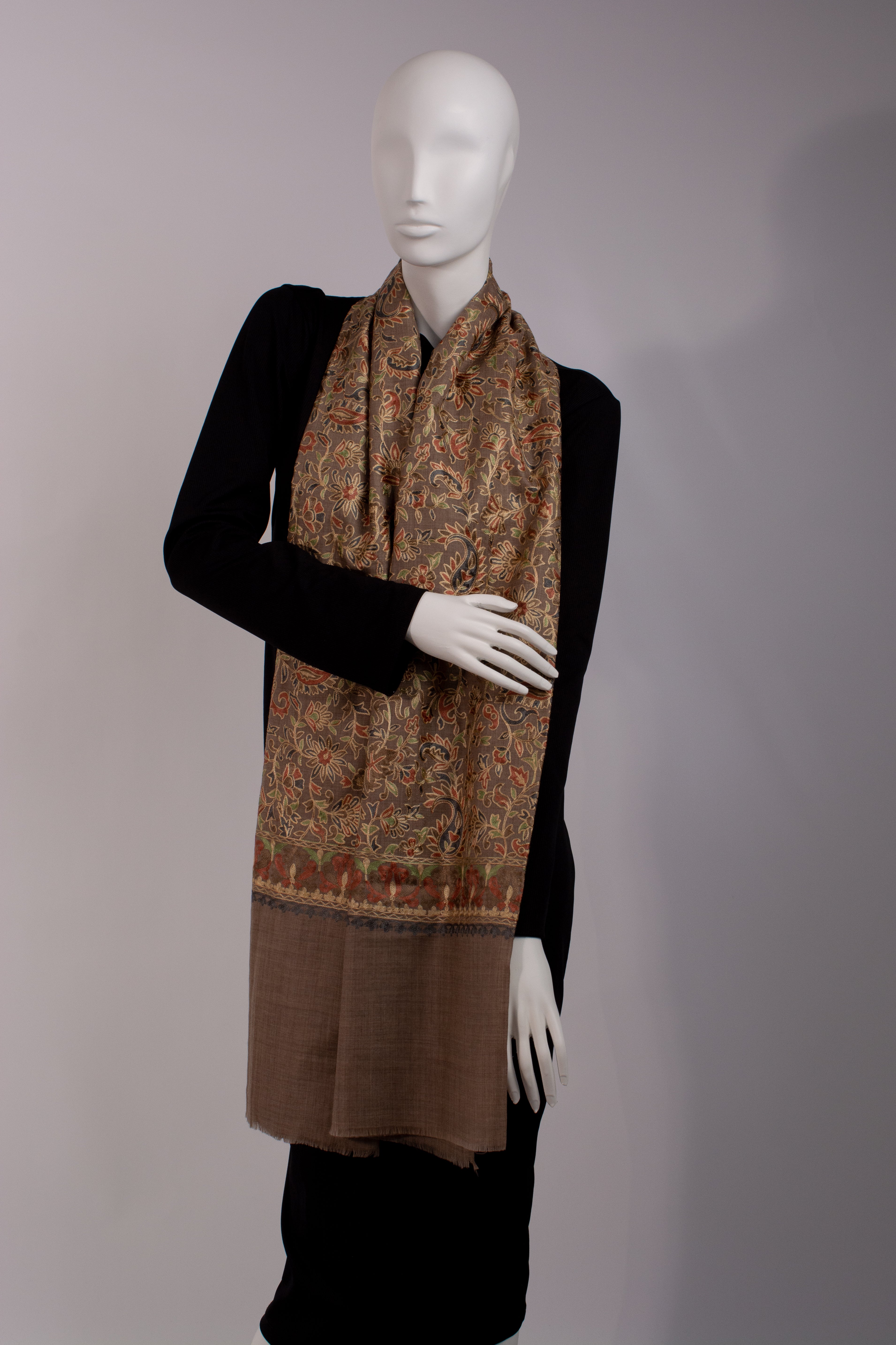 Brown embroidered Pashmina Wool Scarf