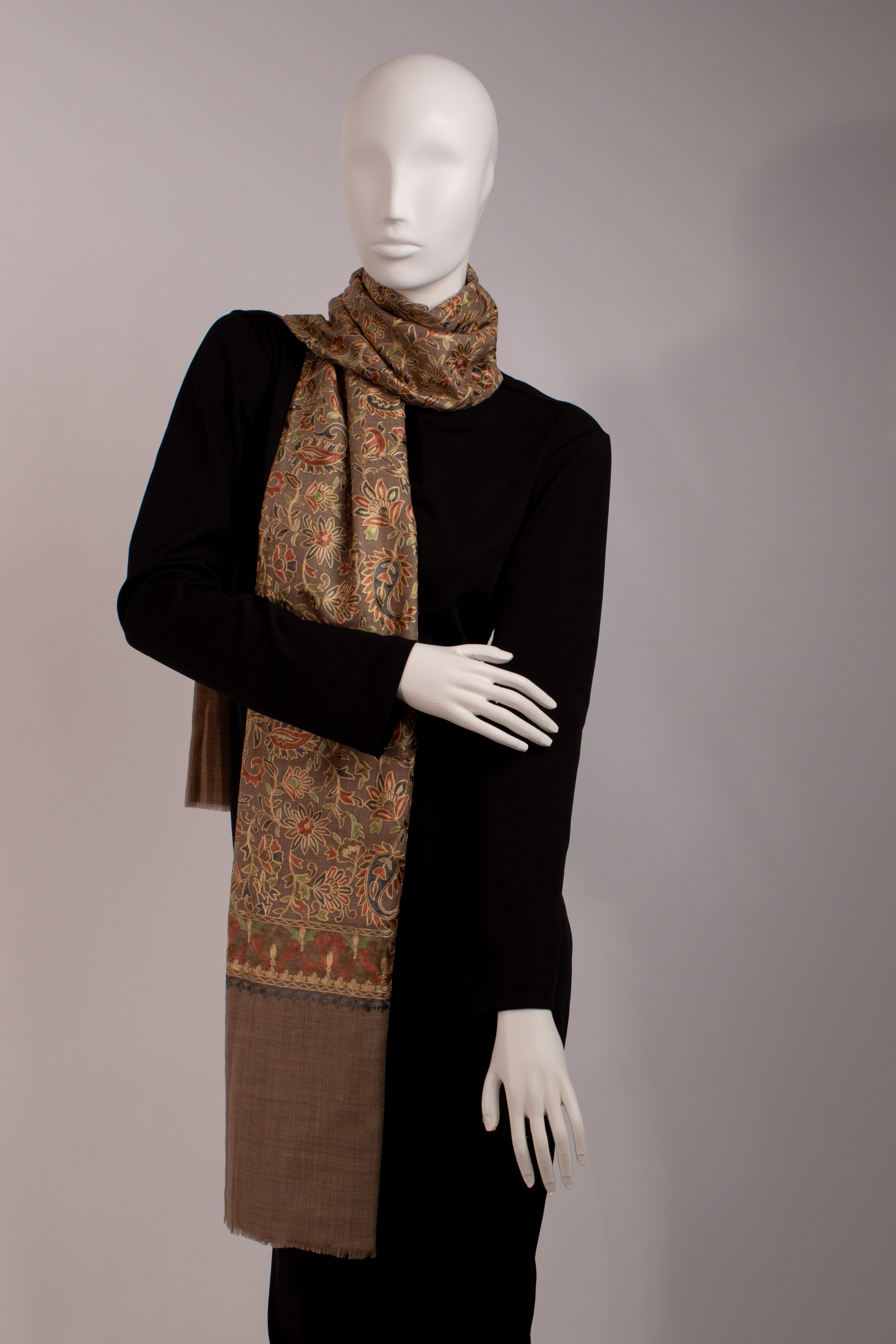 Brown embroidered Pashmina Wool Scarf
