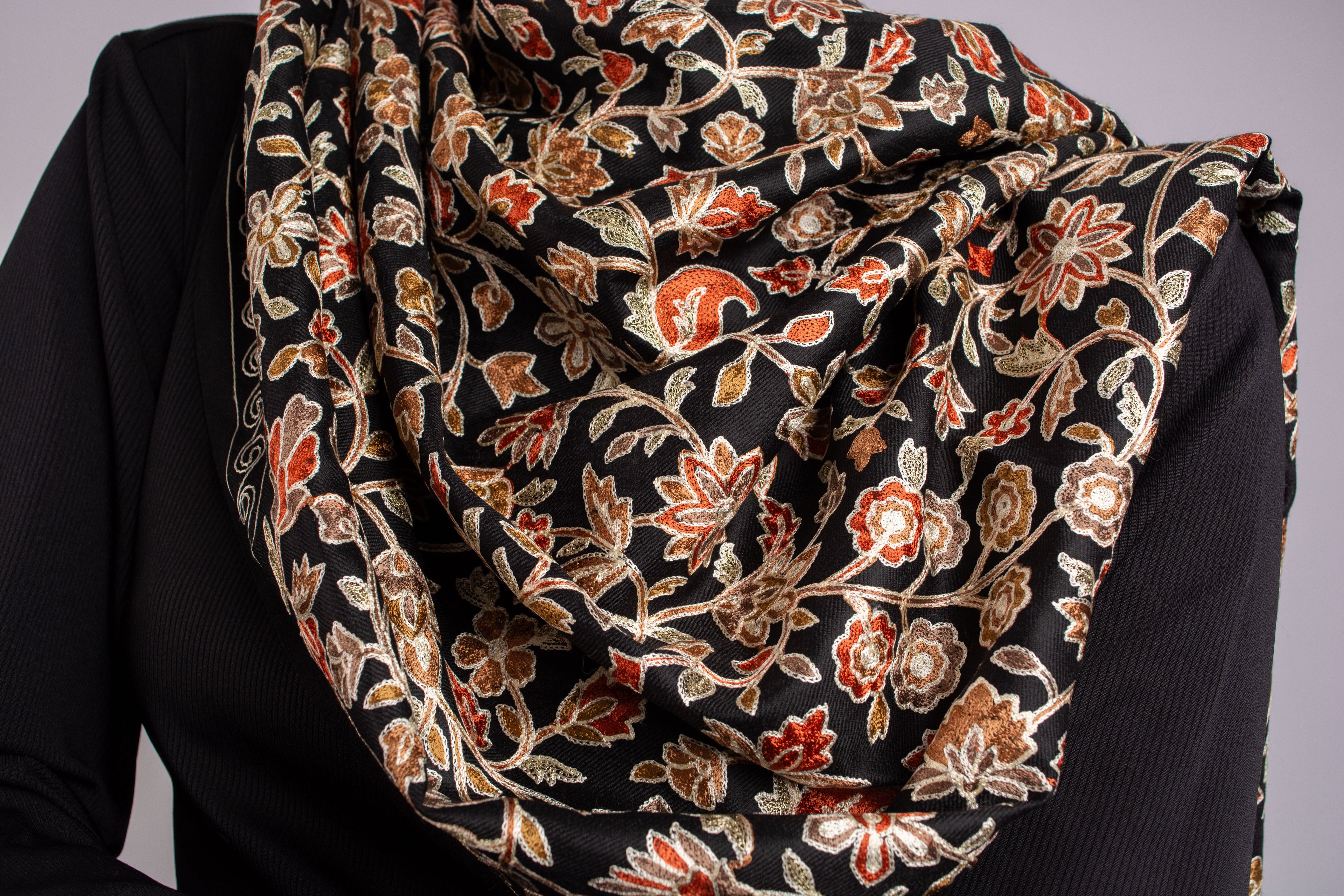 Black with  floral embroidery Pashmina Wool Scarf