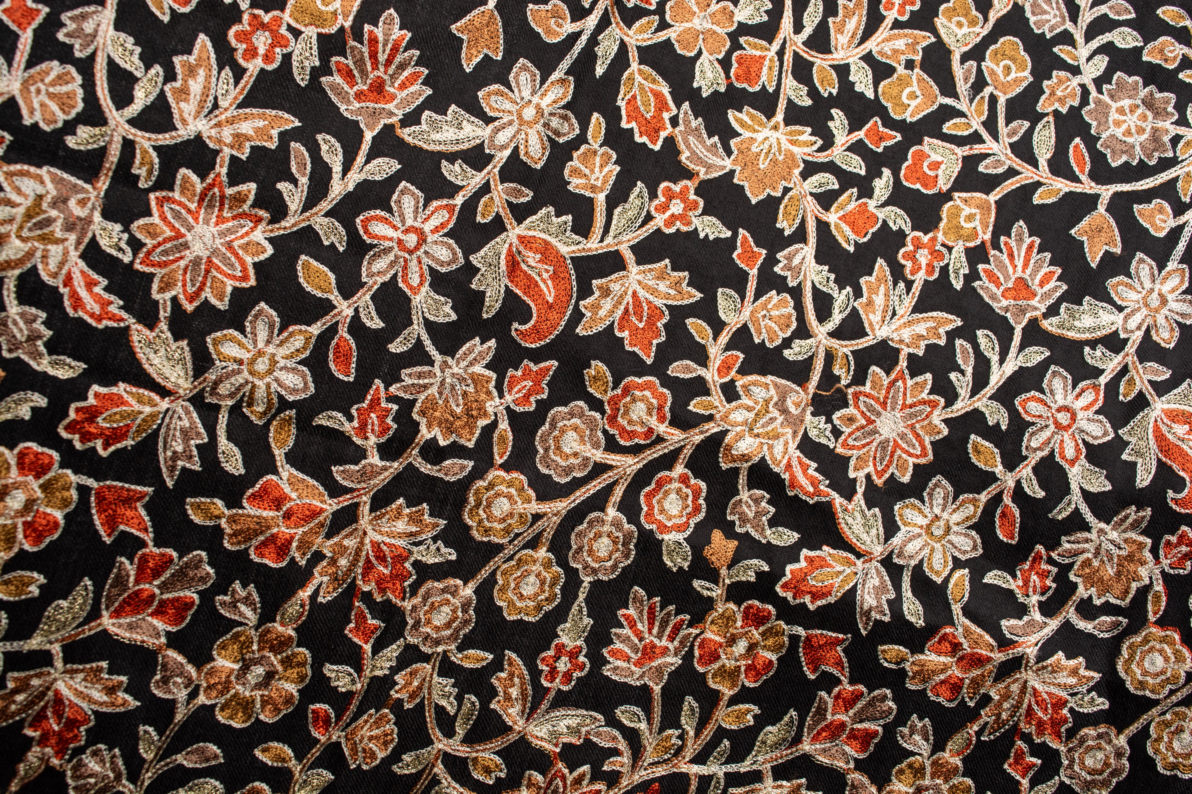 Black with  floral embroidery Pashmina Wool Scarf