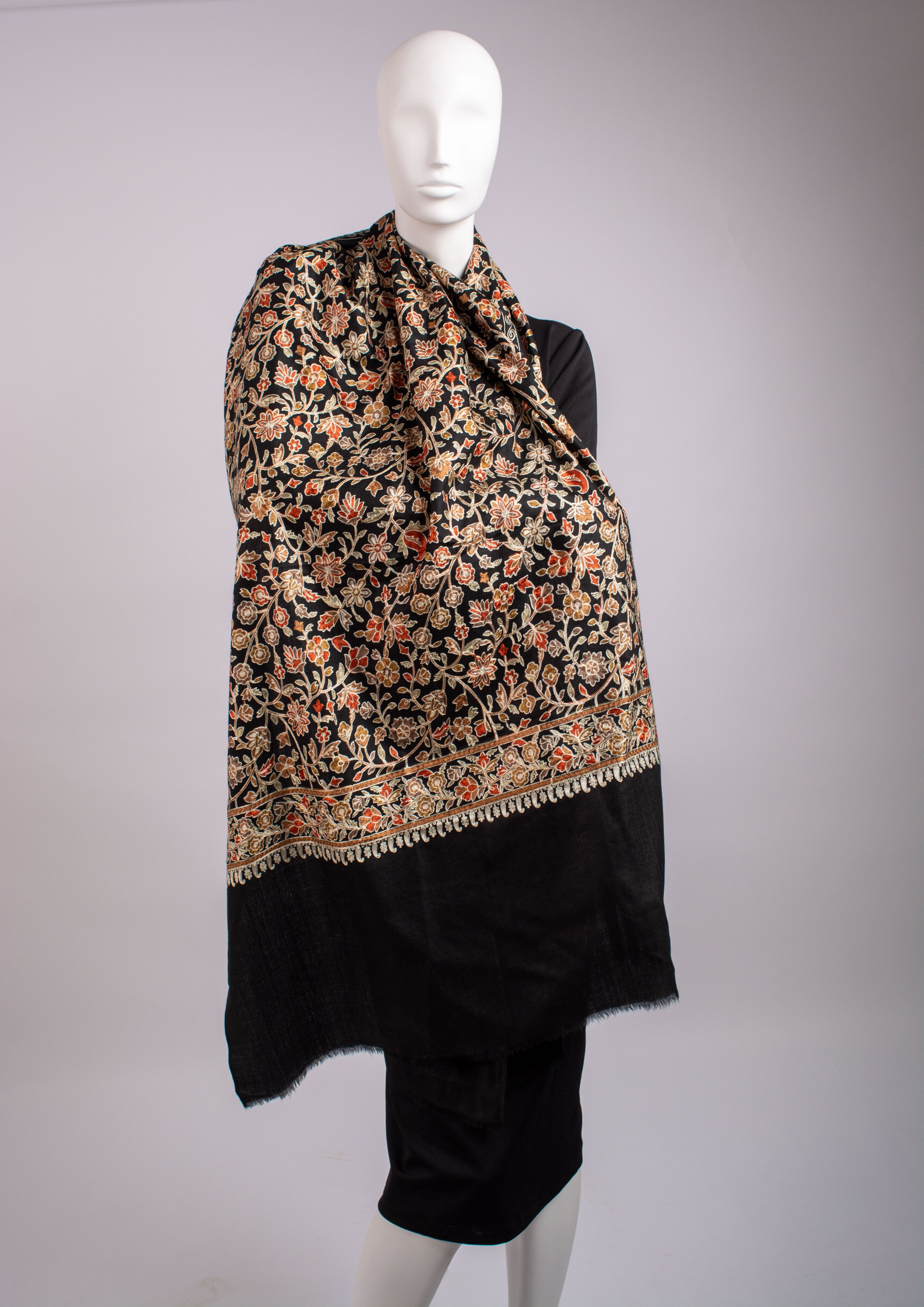 Black with  floral embroidery Pashmina Wool Scarf