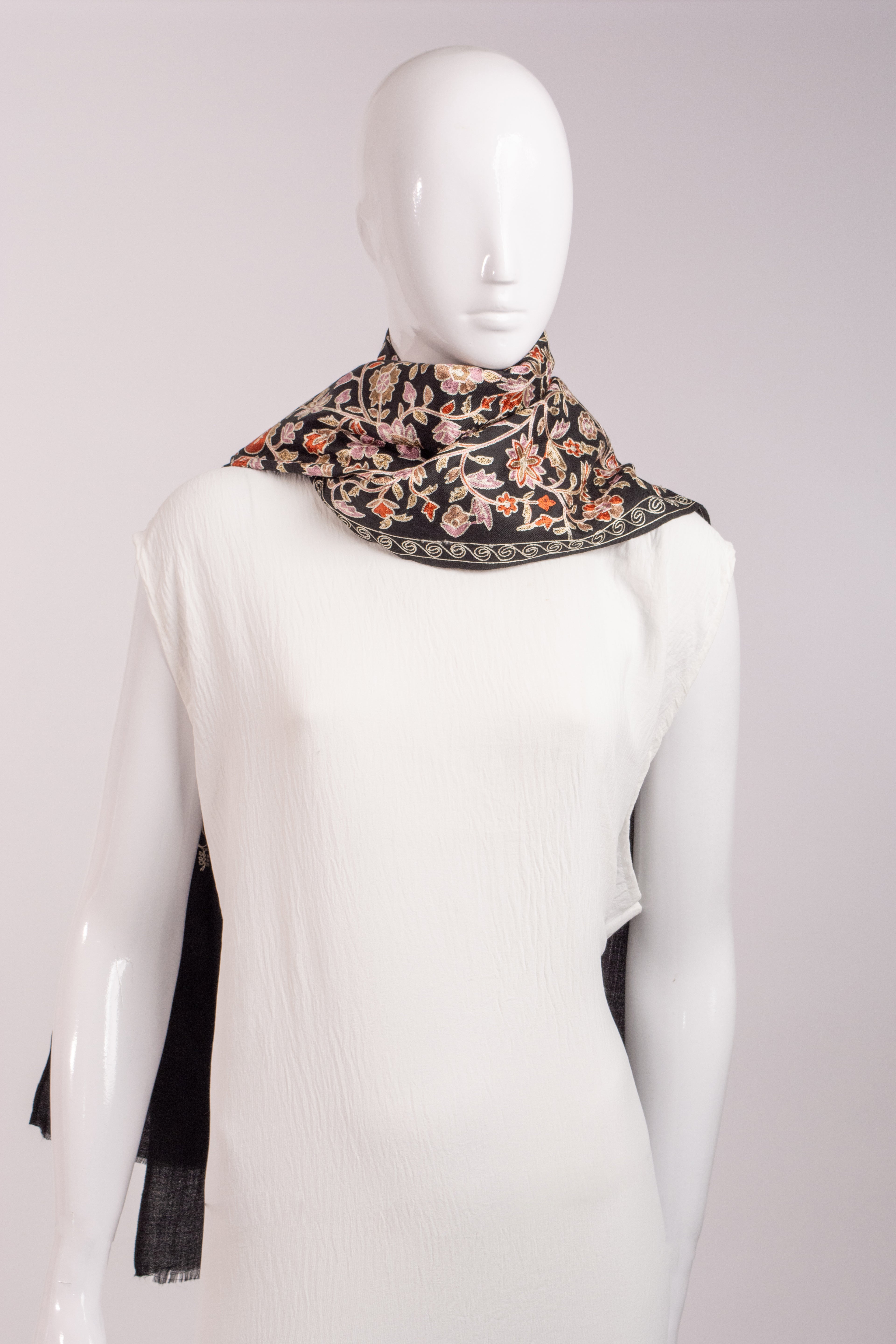 Black Embroidered Pashmina Wool Scarf
