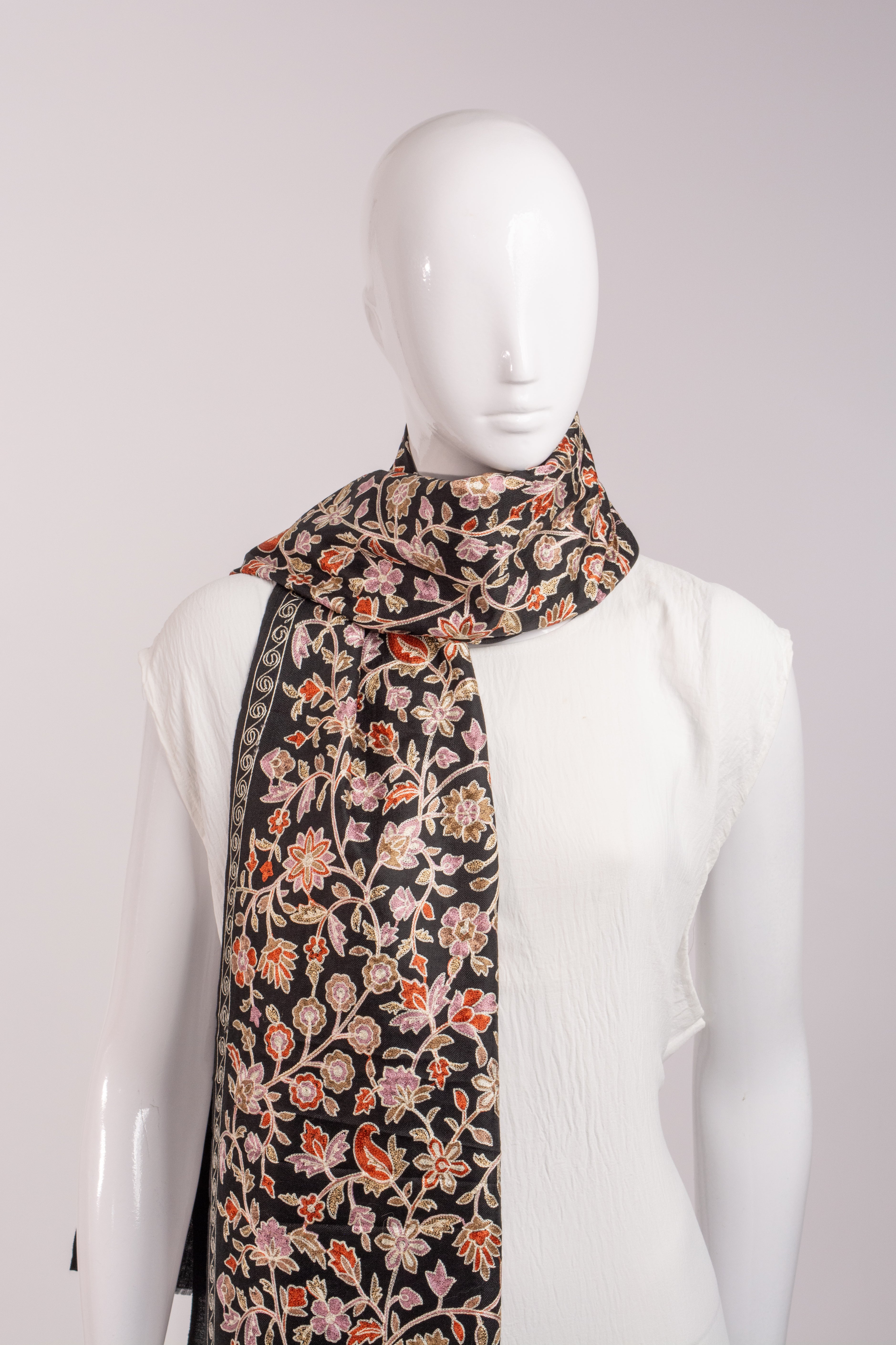 Black Embroidered Pashmina Wool Scarf