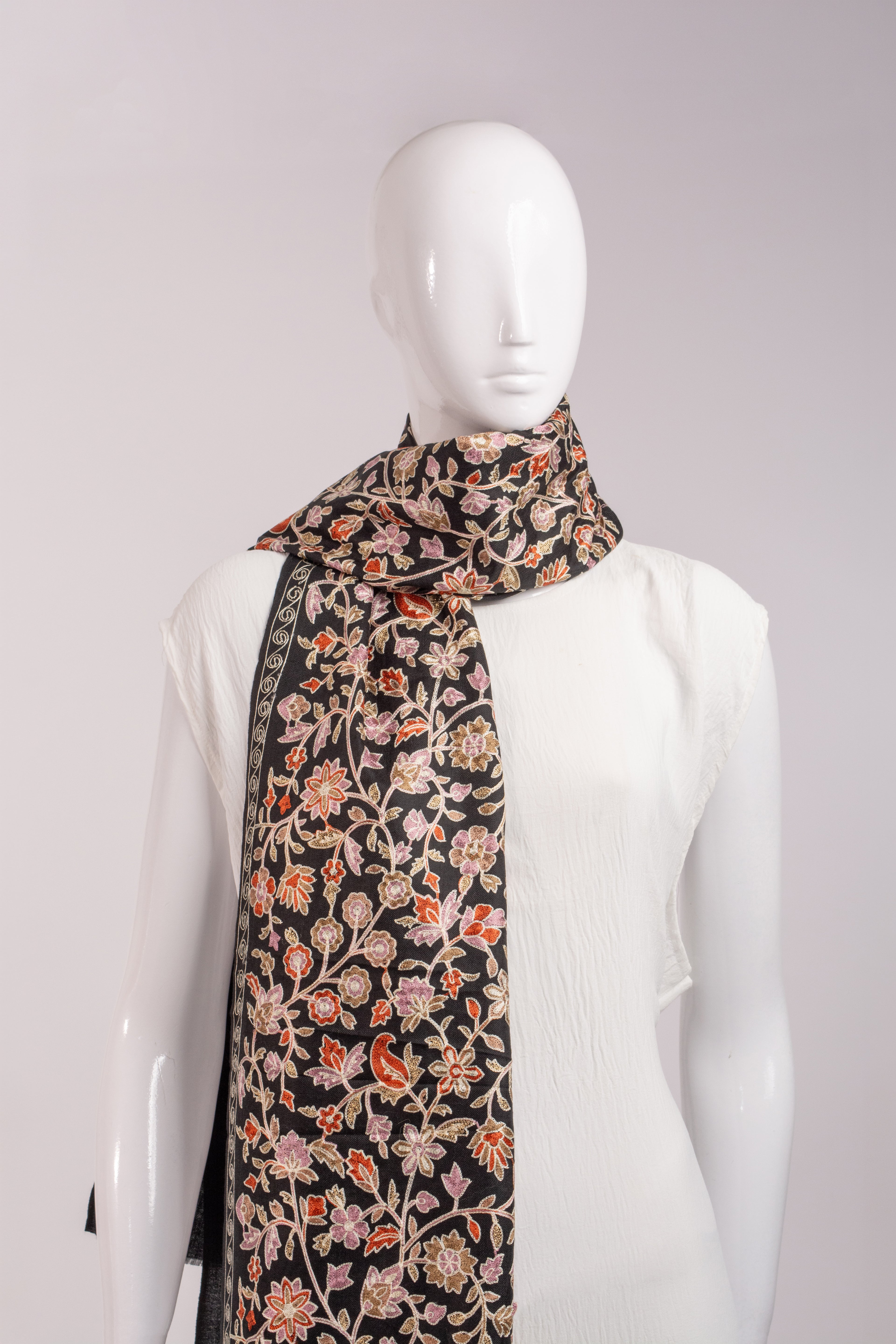 Black Embroidered Pashmina Wool Scarf