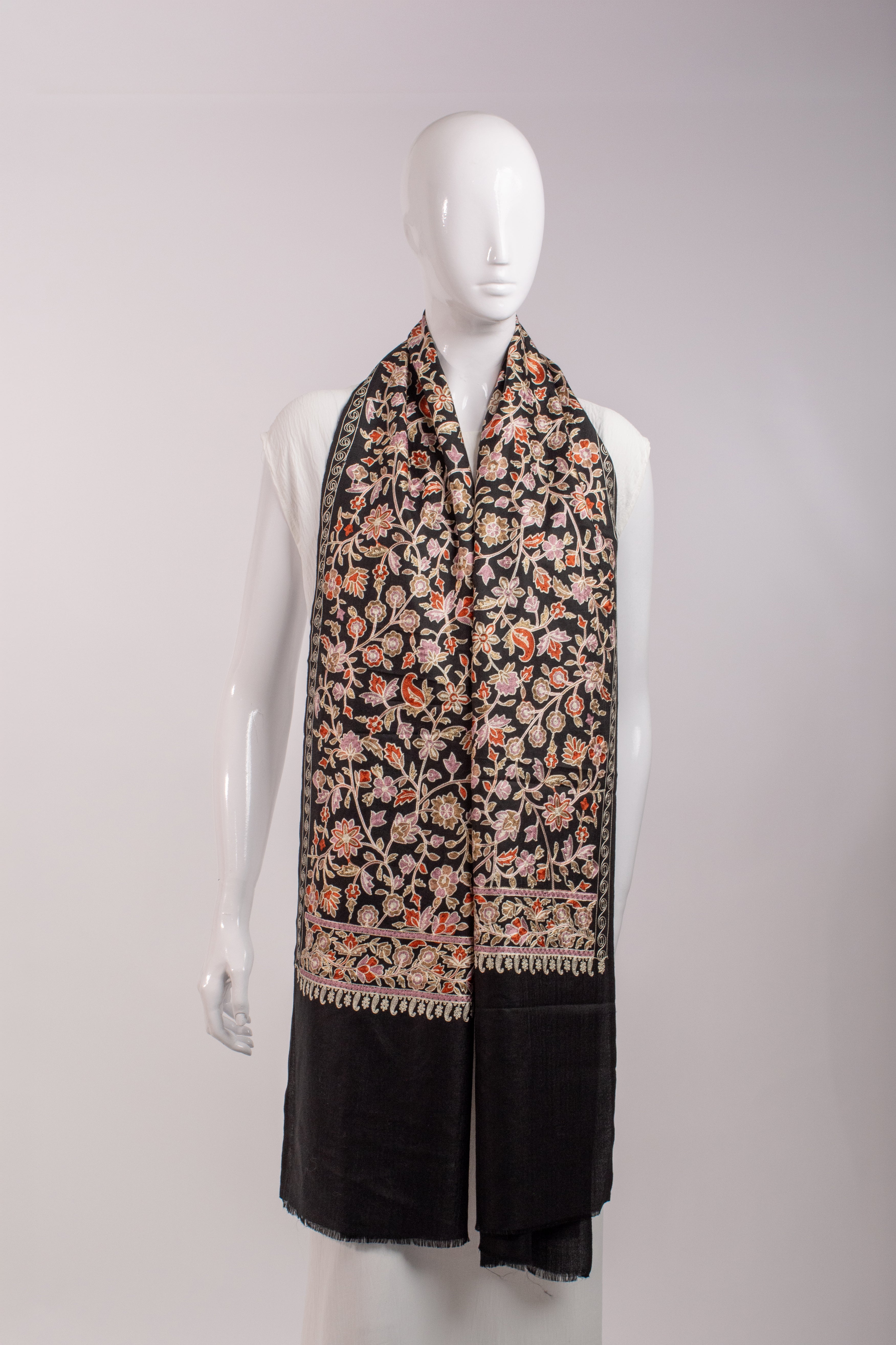 Black Embroidered Pashmina Wool Scarf